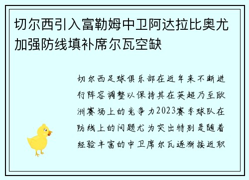 切尔西引入富勒姆中卫阿达拉比奥尤加强防线填补席尔瓦空缺